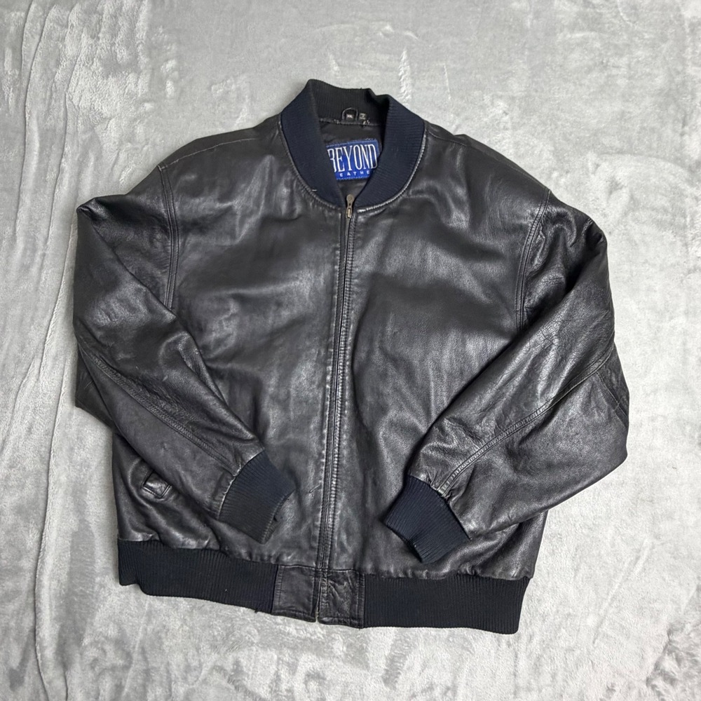 Vintage Beyond Leather Jacket Mens XXL Black Bomber Genuine Leather Full Zip